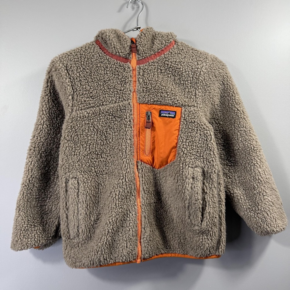 Patagonia Jacket Kids 5-6 Brown Orange Reversible Fleece Puffer Hooded Winter